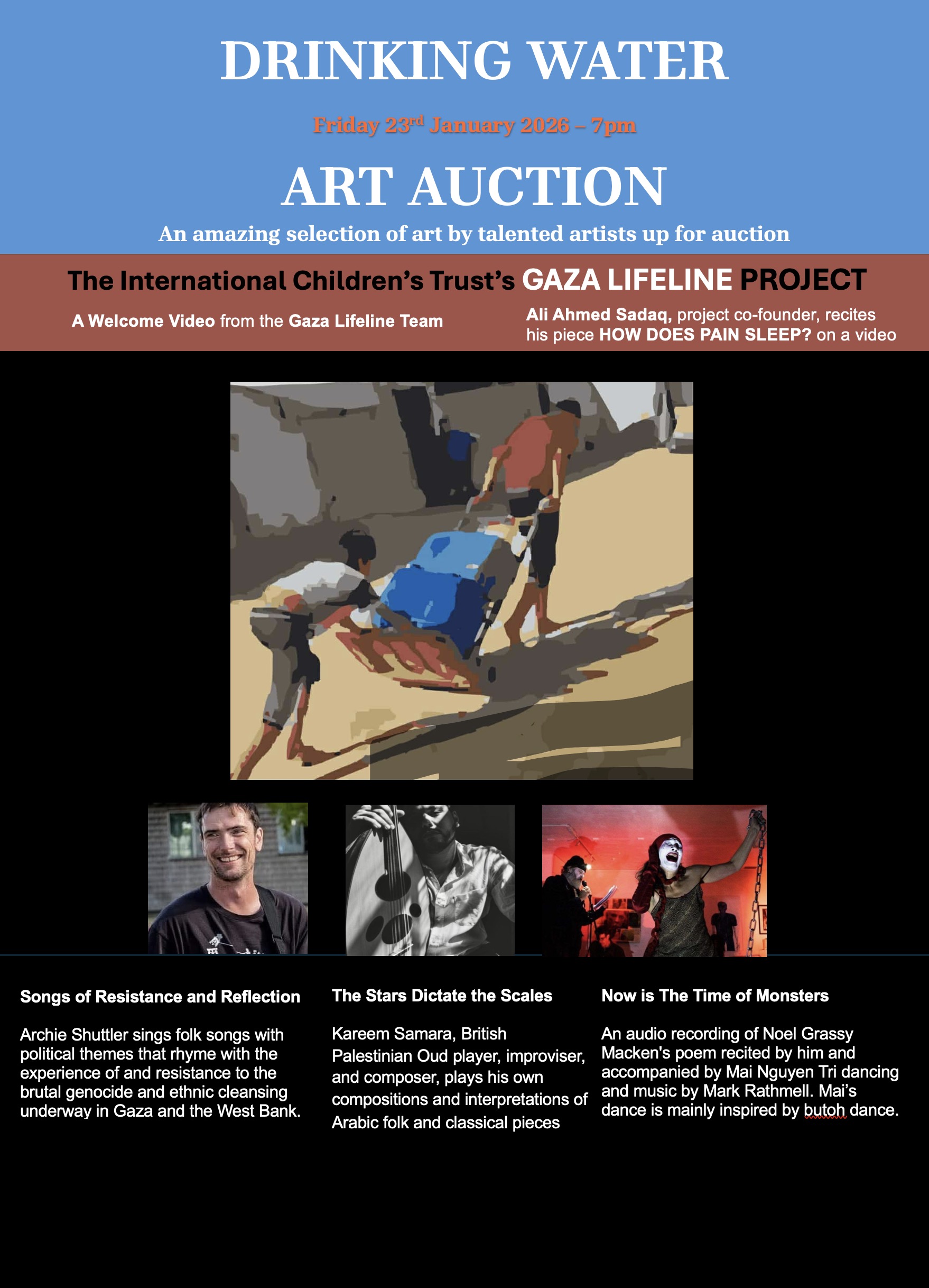ART AUCTION, MUSIC, POETRY, AND DANCE for the Gaza Lifeline Drinking Water Project